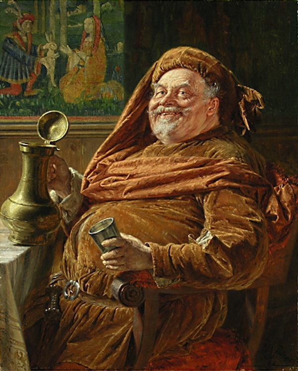 Eduard von Grützner: Falstaff mit großer Weinkanne und Becher {Falstaff with big wine jar and cup} (1896). Image via Wikimedia commons