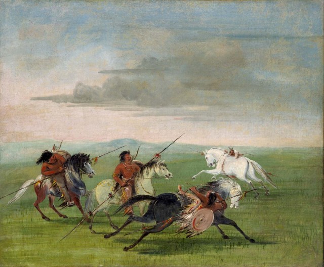 Comanche Feats of Horsemanship by George Catlin 1834. Via Wikimedia Commons.