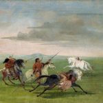 Comanche Feats of Horsemanship by George Catlin 1834. Via Wikimedia Commons.