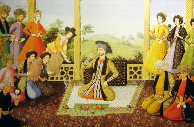 Shah Suleiman I and his courtiers, Isfahan, 1670. Painter is Aliquli Jabbadar.
