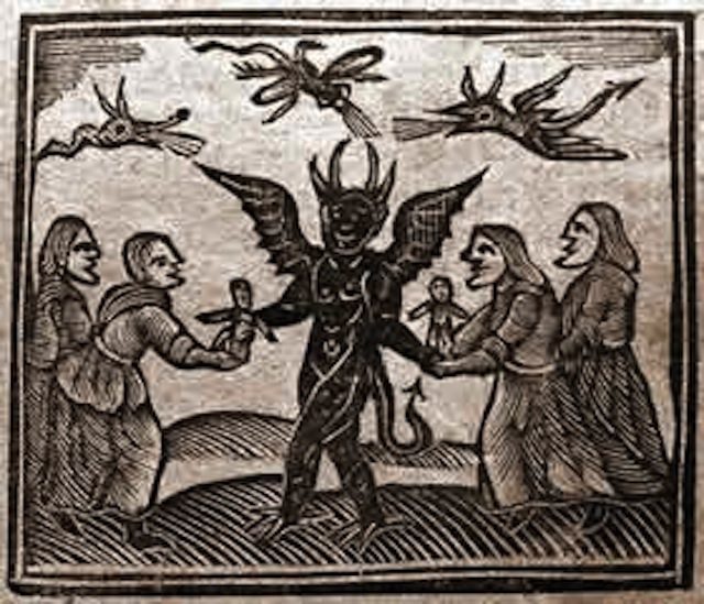 Depiction of the Devil giving magic puppets to witches, from Agnes Sampson trial, 1591. Image via Wikimedia Commons.