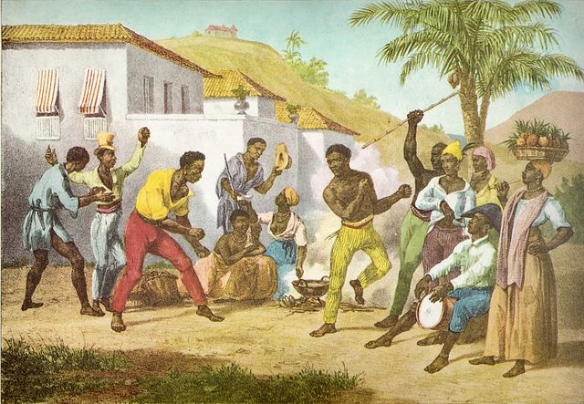Capoeira or the Dance of War by Johann Moritz Rugendas (1825). The Brazilian dance of Capoeria is often associated with the Palmares quilombo. Via Wikimedia Commons.