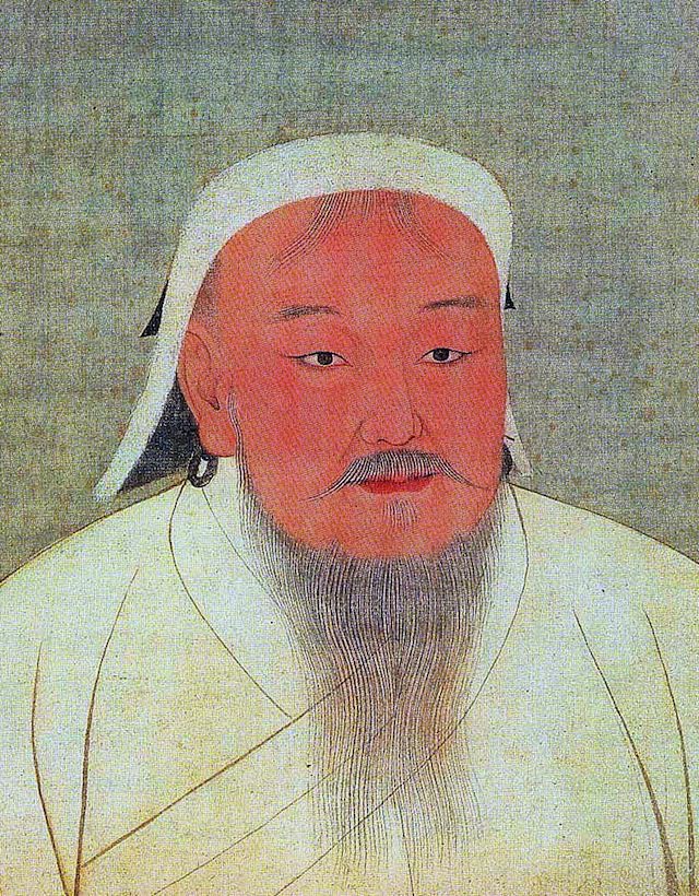 Taizu, better known as Genghis Khan. Portrait cropped out of a page from an album depicting several Yuan emperors (Yuandjai di banshenxiang), now located in the National Palace Museum in Taipei 14th century