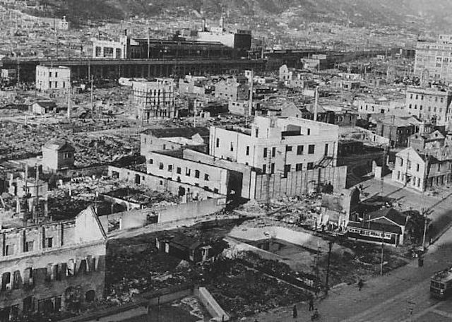 Destroyed buildings in Kobe after a firebombing attack on the city during World War II