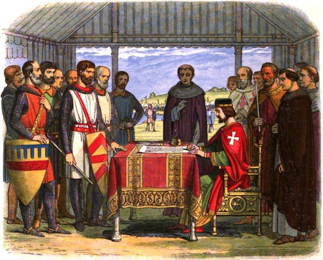 Romanticised image of King John signing the Magna Carta, 1864.