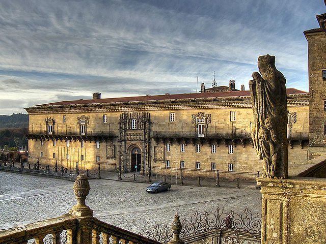 Entrance to the residence of the Catholic Kings, formerly used as a haven of refuge and a hospital for the pilgrims; now turned into a 5-star parador; Santiago de Compostela, Spain