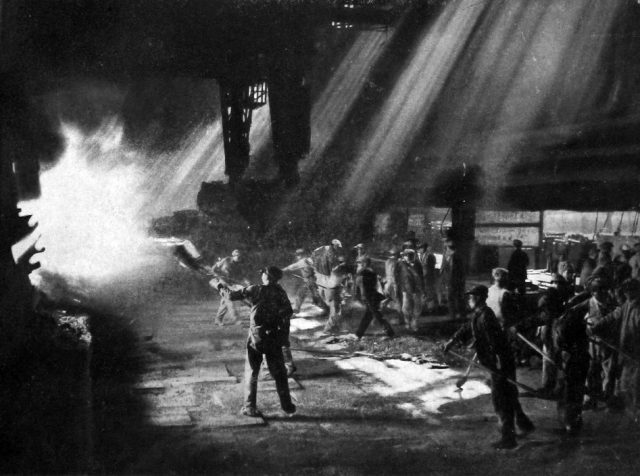 Chinese workers in front of the open hearth furnace, September 1958. Via Wikimedia Commons