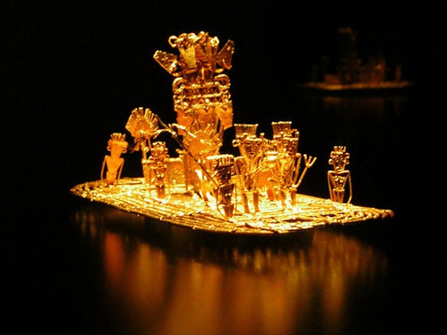 This old Muisca tradition became the origin of the El Dorado legend. This Balsa Muisca (Muisca raft) figure is on display in the Gold Museum, Bogotá, Colombia. Via Wikipedia.