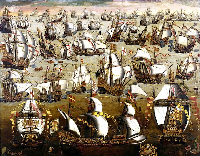 English ships and the Spanish Armada, August 1588. Unknown painter. Via Wikipedia.