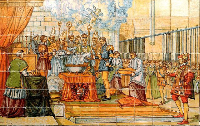'The Baptism of Phillip II' in Valladolid, Spain. Historical ceiling preserved in Palacio de Pimentel (Valladolid). Via Wikipedia.