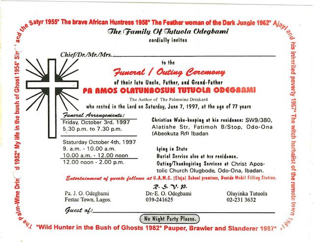 A copy of the invitation to Tutuola's funeral. 