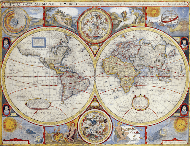  'A New and Accvrat Map of the World' by John Speed 1626. The map was included in George Humble's the Prospect of the Most Famous Parts of the World, printed by John Dawson in 1627. Via Wikipedia.