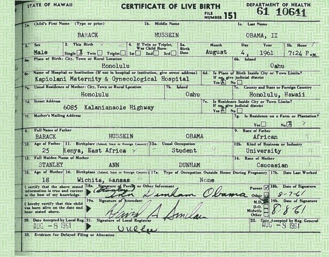 Picture of Barack Obama's birth certificate from Hawaii