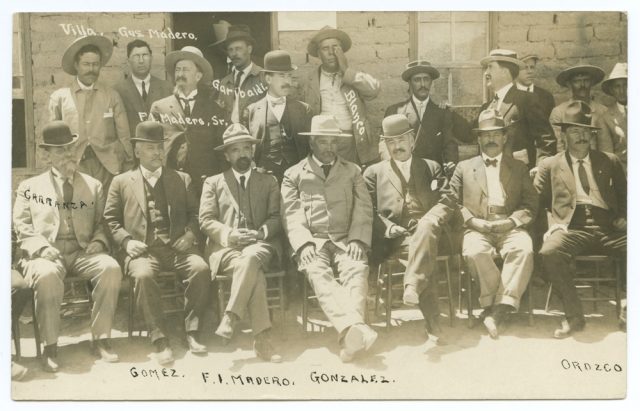 Black and white photograph of leaders of the 1910 Mexican Revolution after the First Battle of Ciudad Juarez (SMU Central University Library via Flickr).