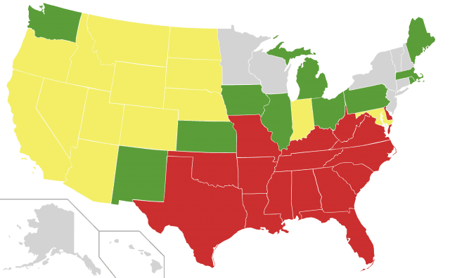 Color-coded map of the United States that showed which states had laws against inter-racial marriage until Loving v. Virginia in 1967