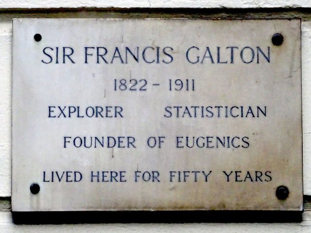 A marble plaque at 42 Rutland Gate in London, UK for Sir Francis Galton, the founder of eugenics