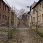 Picture of barbed wire fencing and buildings from the Auschwitz-Birkenau Extermination Camp