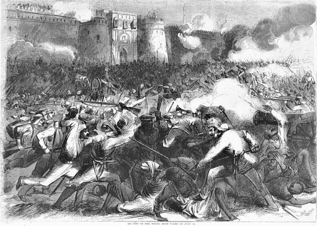 Black and white print depicting fighting during the Indian Revolt of 1857