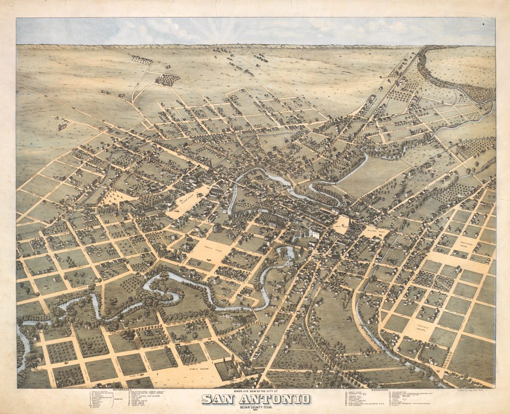 A print featuring a large map of San Antonio from the 19th century