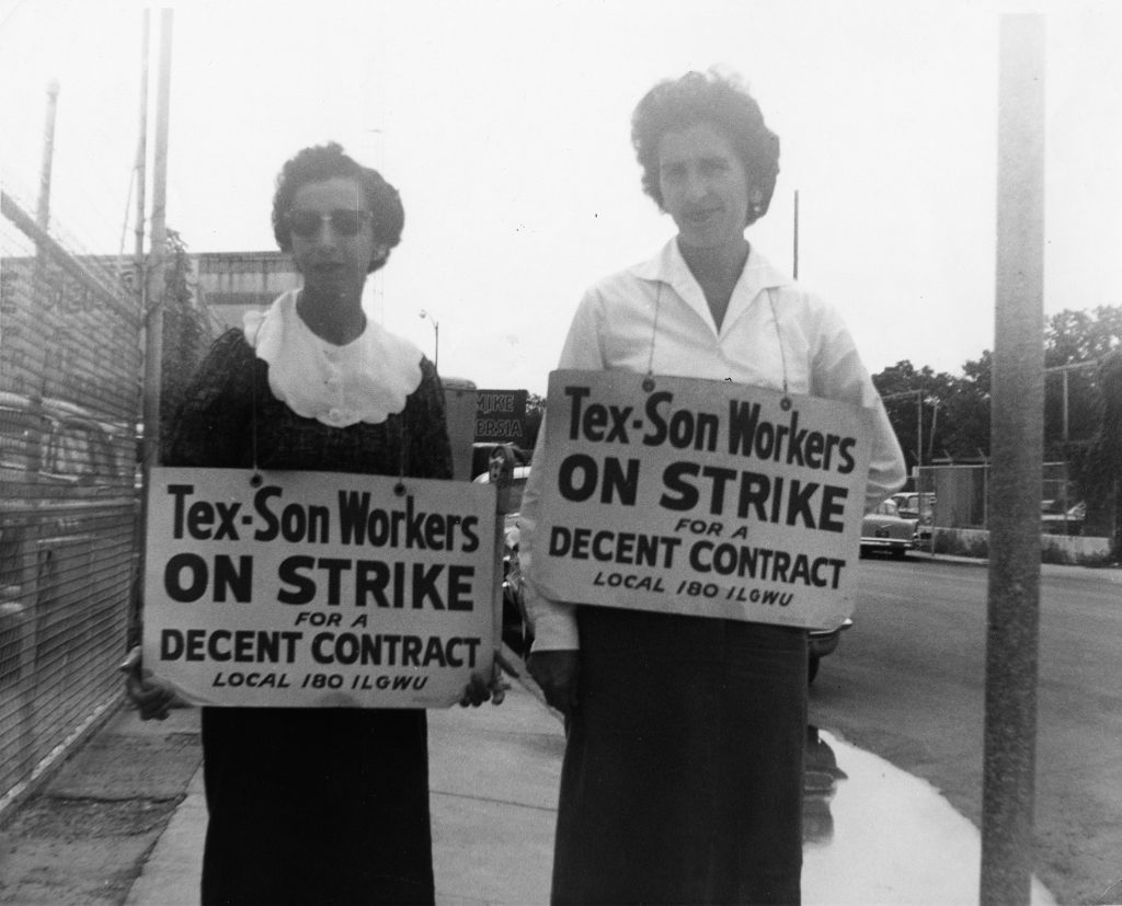 Black and white image of two women carrying picket signs, Tex-Son "On Strike" for Local 180, ILGWU, San Antonio, 1963