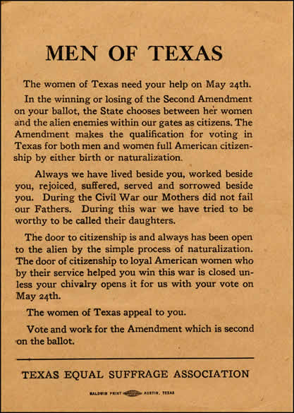 Image of a printed flyer saying, "Men of Texas: The women of Texas need your help on May 24th" issued by the Texas Equal Suffrage Association