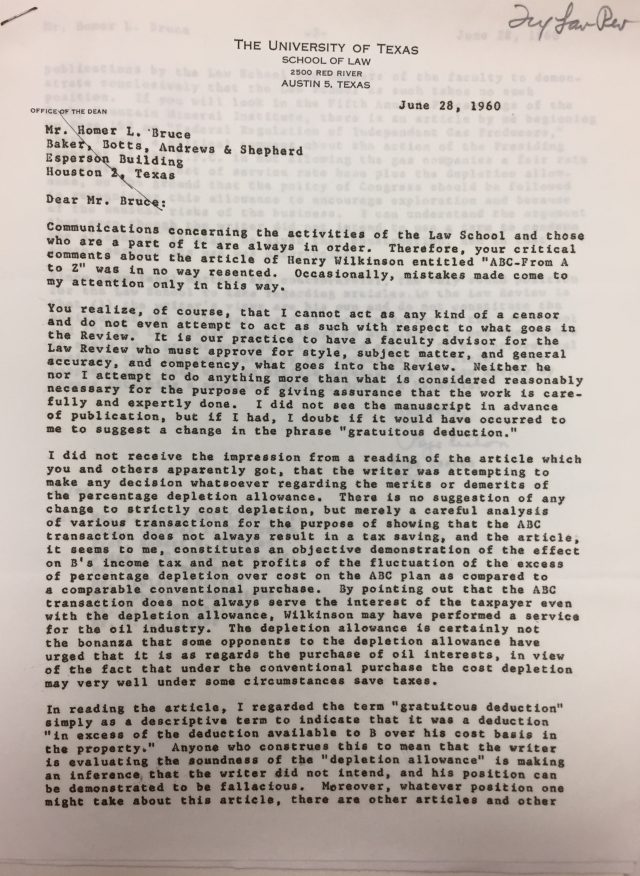 Picture of a letter from Dean Page Keeton to Homer L. Bruce dated June 28, 1960
