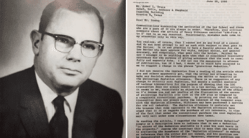 Black and white image of W. Page Keeton, Dean of the UT Law School, 1949-1974 next to an image of letter from Homer L. Bruce to Dean Keeton dated June 15, 1960