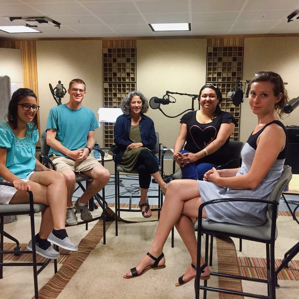 Itza Carbajal, Maria Esther Hammack, Rebecca Johnston, John Lisle and Joan Neuberger during the recording of the 15 minute history podcast "Episode 84: Behind the Tower: New Histories of the UT Tower Shooting"