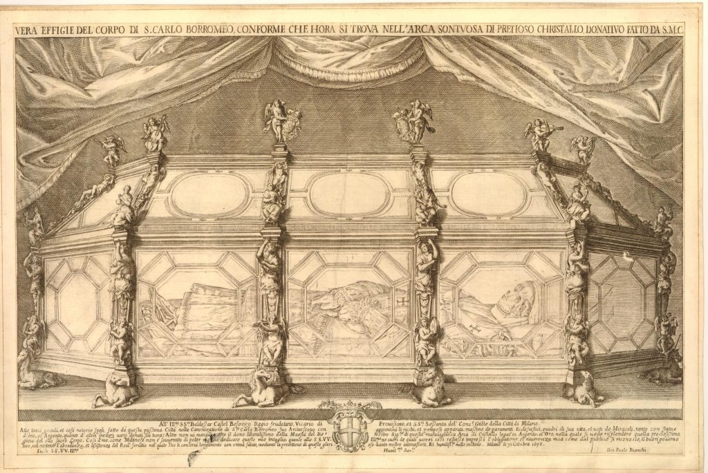 Giovanni Paolo Bianchi, 1638 etching showing Carlo Borromeo’s crystal sepulcher 