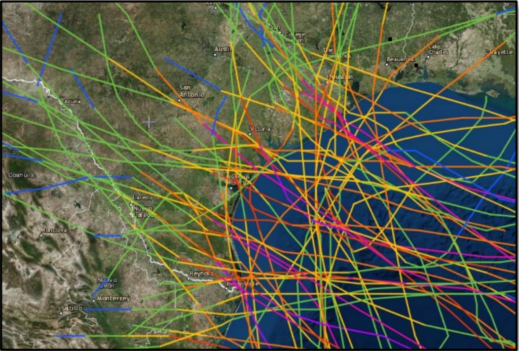 Map depicting the historical perspective of hurricane landfalls in Texas since 1851.