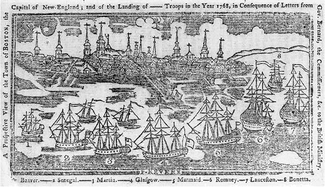 A prospective view of the town of Boston, the capital of New-England - and the landing of --- troops in the year 1768