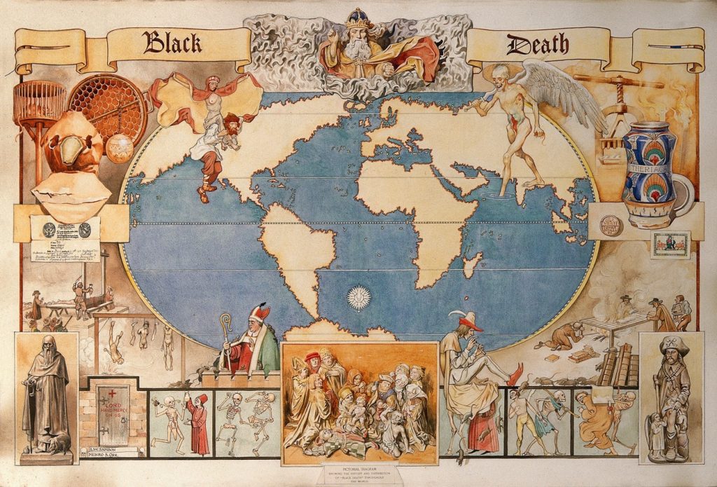 The Black Death: Map of the World with vignettes