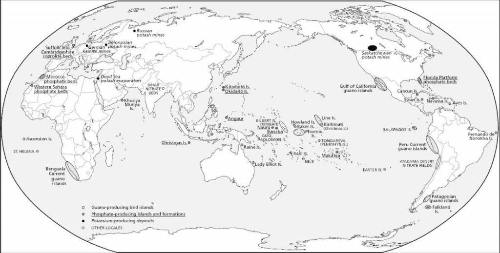 Black and white map of the world detailing historical fertilizer-producing regions, including guano-producing bird islands, phosphate-producing islands, formations of potassium-producing deposits, and other locals.