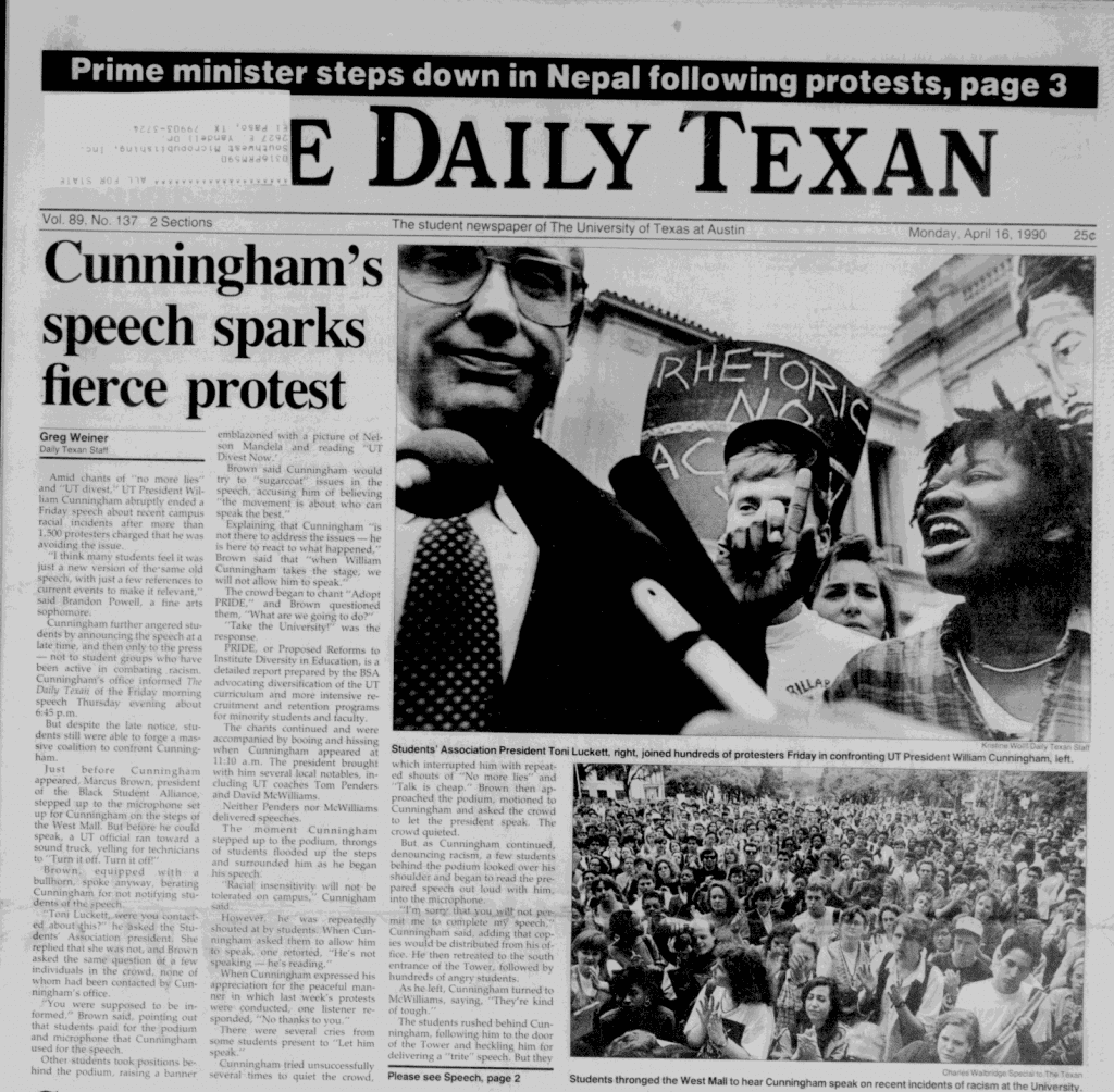 Cover of the Daily Texan, headline reads "Cunningham's speech sparks fierce protest" alongside a photo of Luckett yelling at him 