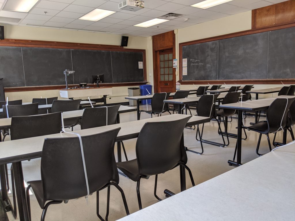 An empty seminar room in Garrison hall 