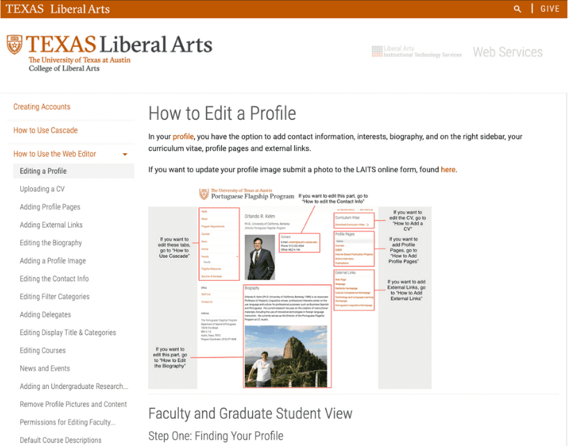 Screenshot of the "How to Edit a Profile" page from University of Texas at Austin's Web Services website