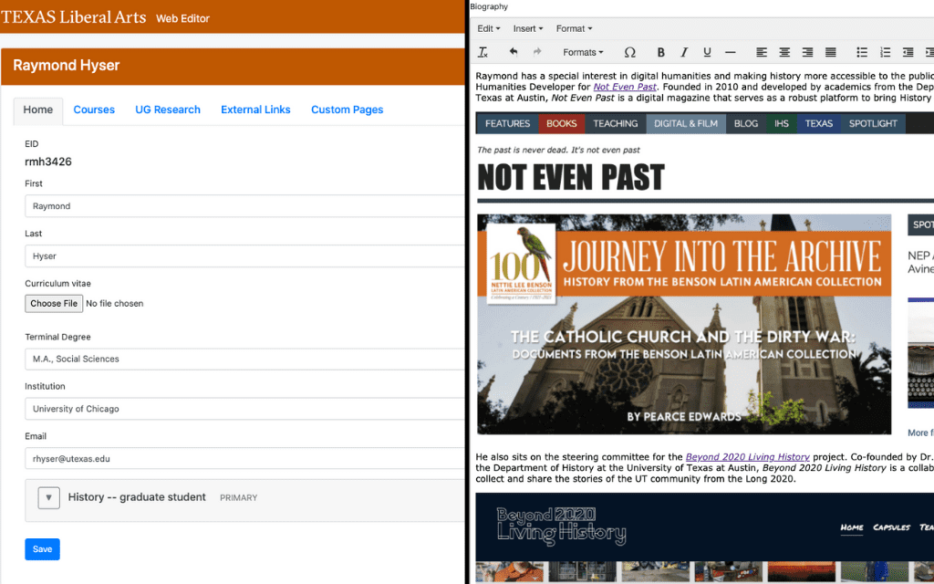 Screenshot of the University of Texas at Austin's web editor tool on the left and on the right is a close-up of the biography section of the web editor