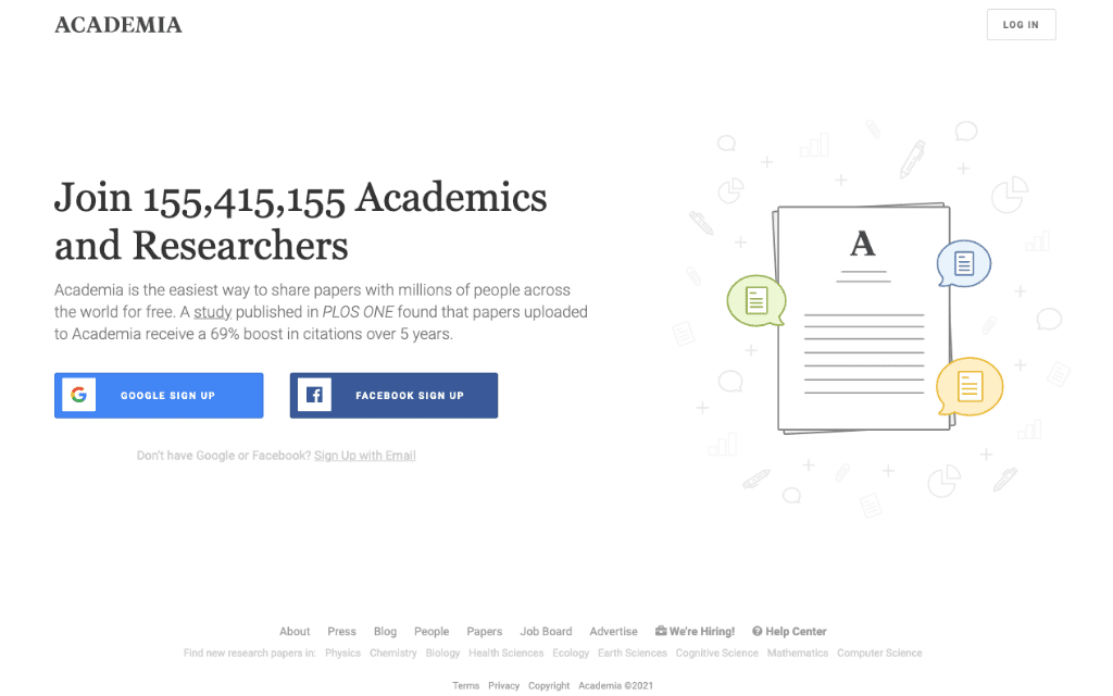 Screenshot of the sign-up page for Academia.edu