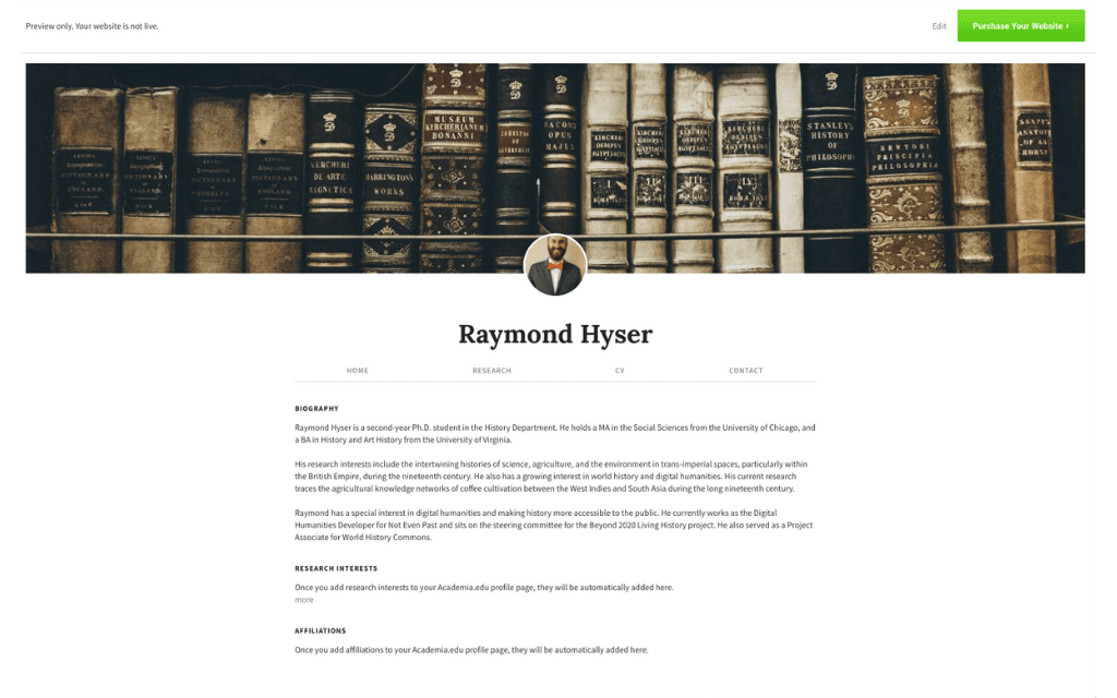 Screenshot of the preview of Raymond Hyser's personal website offered through Academia.edu