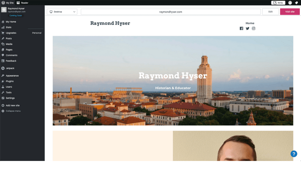 Screenshot of Raymond Hyser's WordPress website in the editor mode