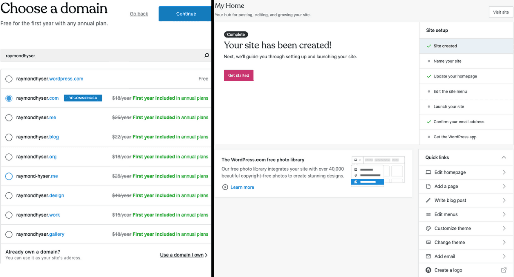 On the left is a list of different iterations of domain names provided by WordPress.com and their pricing and on the right is a screenshot of the WordPress page once a domain is created