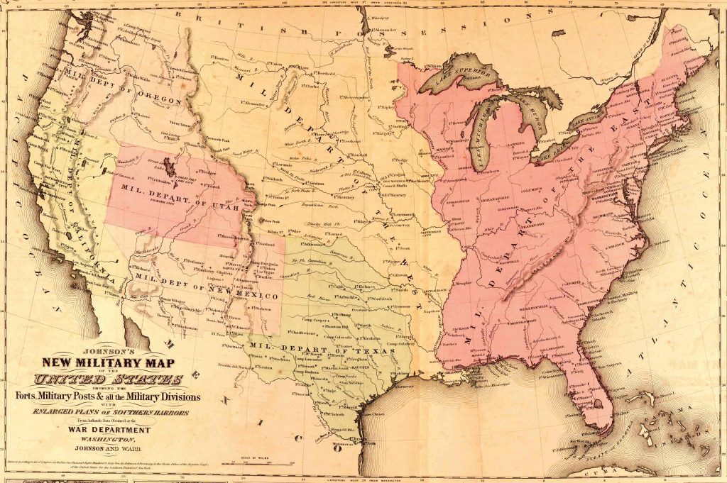  Johnson and Ward’s “New Military Map” shows the United States' forts and military posts, circa 1862. The New Mexico Territory included present-day Arizona and New Mexico as well as southern Nevada. 