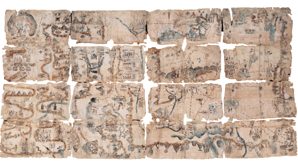 Indigenous petition-map (Cuaahtinchan Map #2 1540s dispute of commoners claiming they had been displaced by Mixtec-Nahua lords from original positions of power and they produced this map of history of conquest in the region near Chalco-Huexotzinco.
