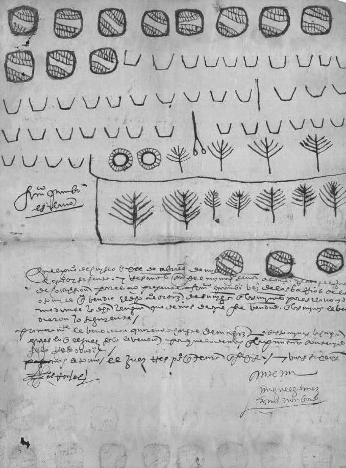 1563 petition of Otomi slave, Francisco Quanbi, enslaved by Nahua lords and forced to work in mines in Cuitzeo, Michoacán. Quanbi (along with 12 other slaves) demand the return of lost property at the time of captivity: 40 bushels of corn, 11 plum trees, 14 pesos, and 2 baskets. Slaves – even the once-‘untouchable’ Otomíes – took advantage of their paperwork access to local officials, high judges, viceroys, and investigators to undermine their local overlords. Source: Codex Cuitzeo. Private archive. Britain.  