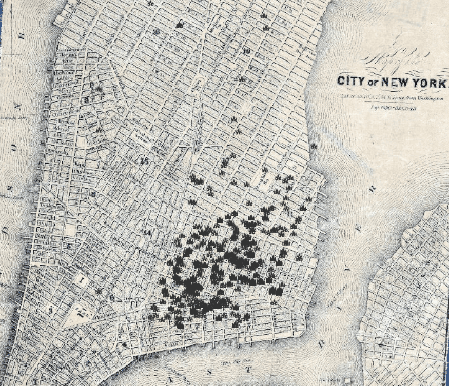 (The CJH has a very similar map. Check it out here.) This map that I developed is backed by a map of the city of New York (drawn in 1850).