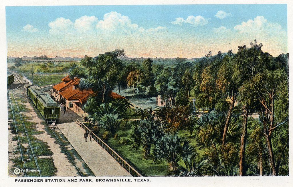 Postcard showing birds eye view of Passenger train station in Brownsville, Texas
