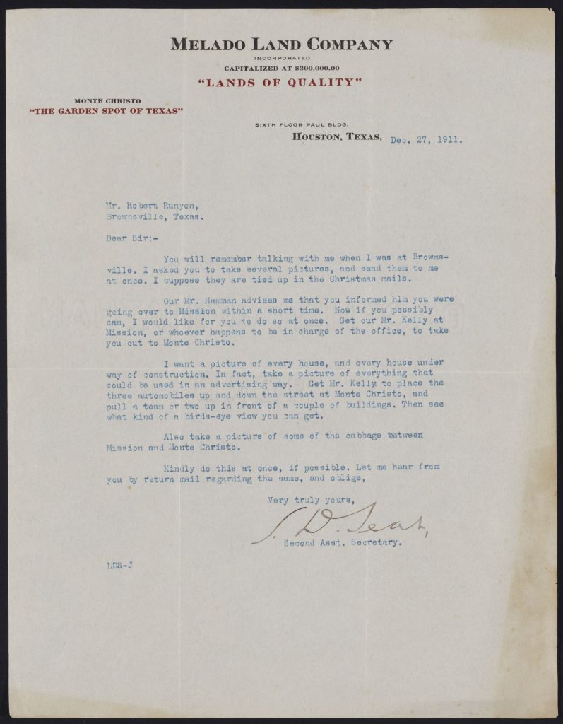 Melado Land Company letter to Robert Runyon, Dec. 27, 1911.
