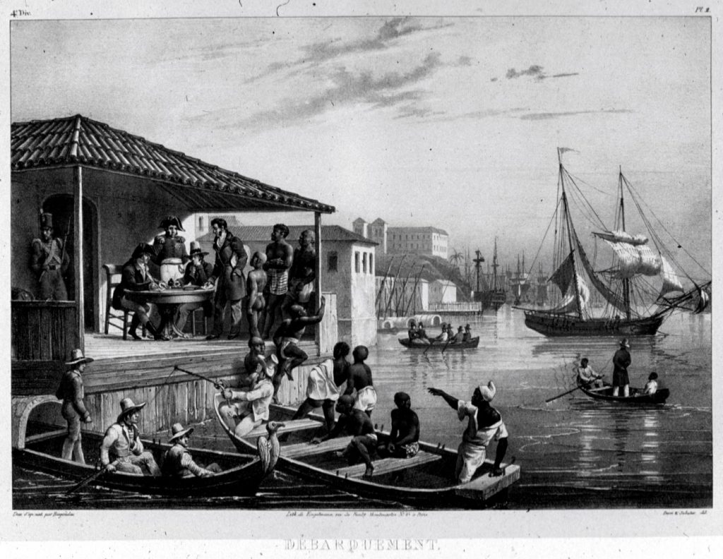Enslaved people disembarking for sale at harbor in Brazil at some time in between the 1820s and 1830s