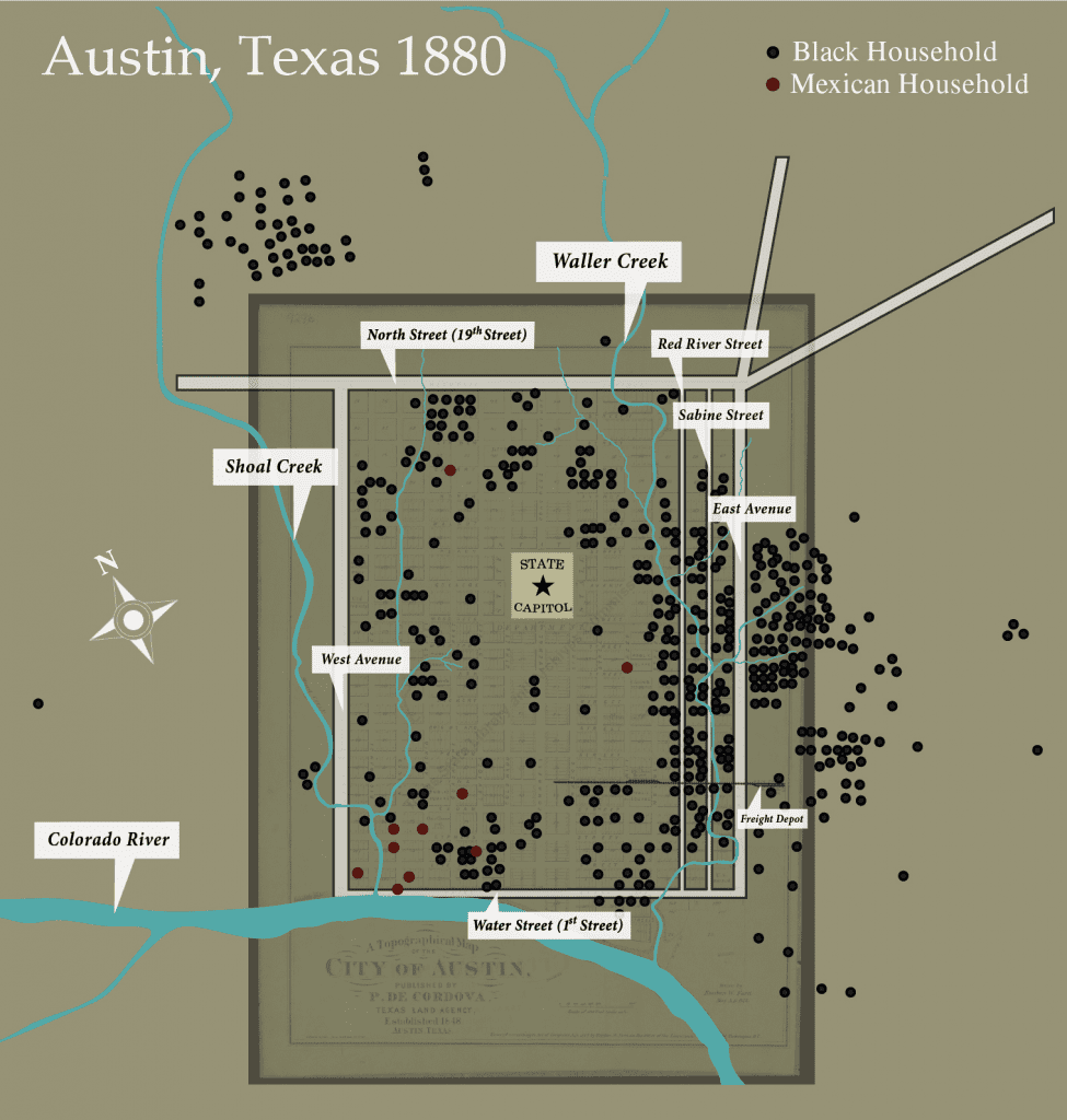  1880 map of Black and brown households in Austin. Map created by Rachel Stewart and Erika LaTorre Sanchez, 2020; data from John J. Henneberger and Ernest C. Huff, Housing Patterns Study: Segregation and Discrimination in Austin, Texas (Austin, 1979); Base map from A Topographical Map of the City of Austin, 1872. Some households have been moved minimally to make Waller Creek visible. 