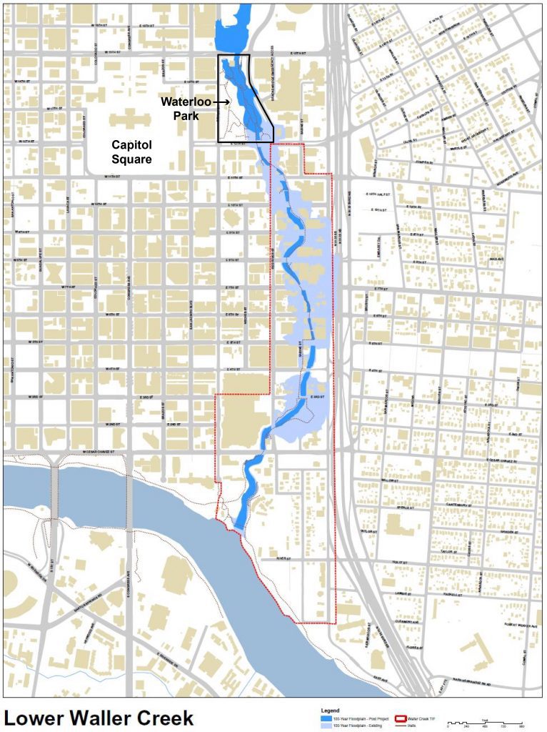 Waller Creek's 100-year floodplains before and after construction of the Waller Creek tunnel. Credit: City of Austin.